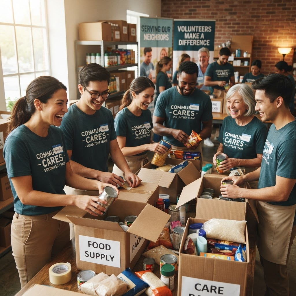 Volunteers packing care boxes together at a community center
