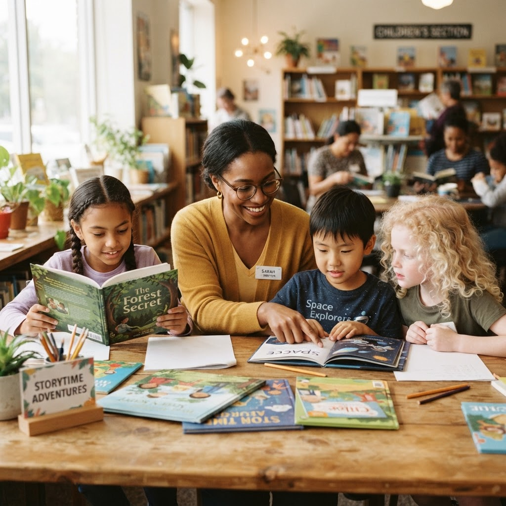 Children reading and learning with a mentor at a community library